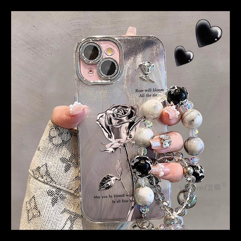 New luxury Retro Black Rose Flowers Feather yarn phone case for iPhone 16 15 14 13 11 12 Pro Max Glitter Lens film PC Hard Cover