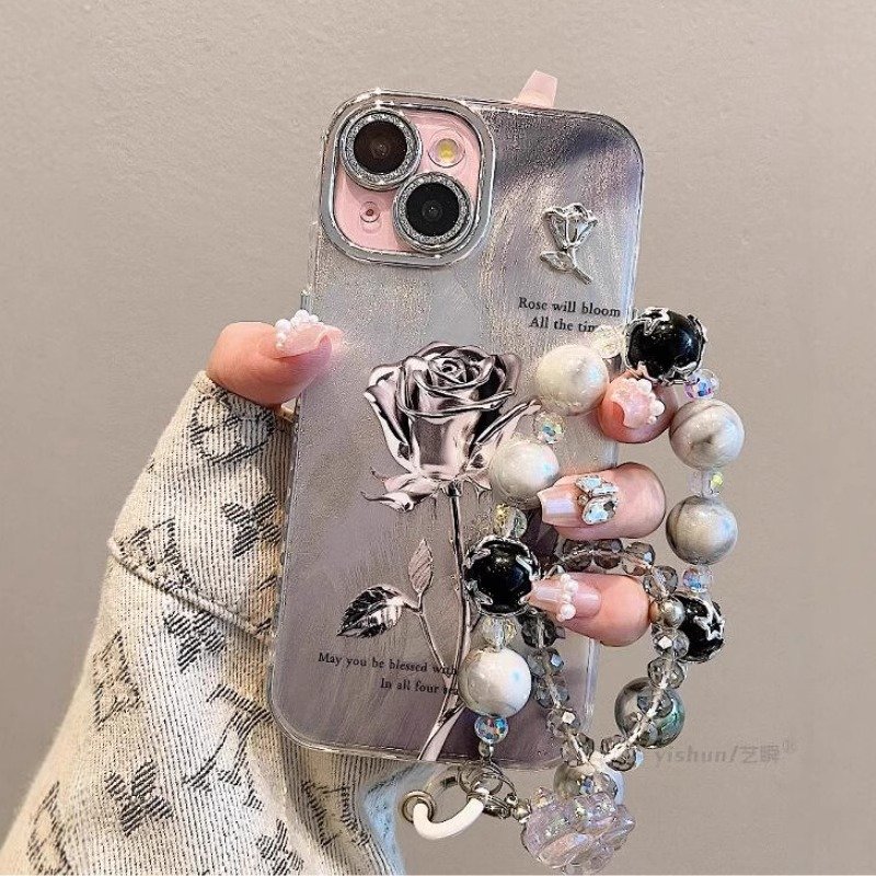 New luxury Retro Black Rose Flowers Feather yarn phone case for iPhone 16 15 14 13 11 12 Pro Max Glitter Lens film PC Hard Cover