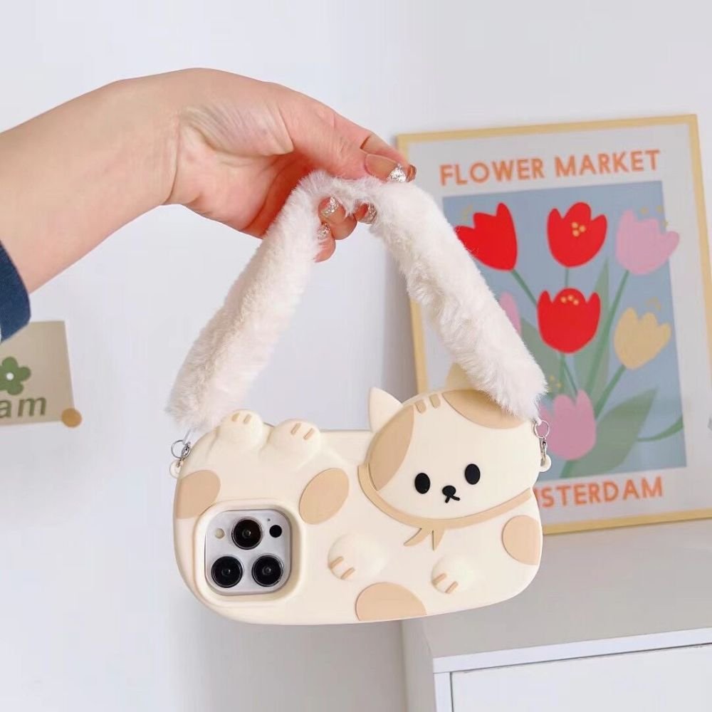 Cute cartoon cat phone case with for iPhone14 13 12 11 pro max plush portable lanyard