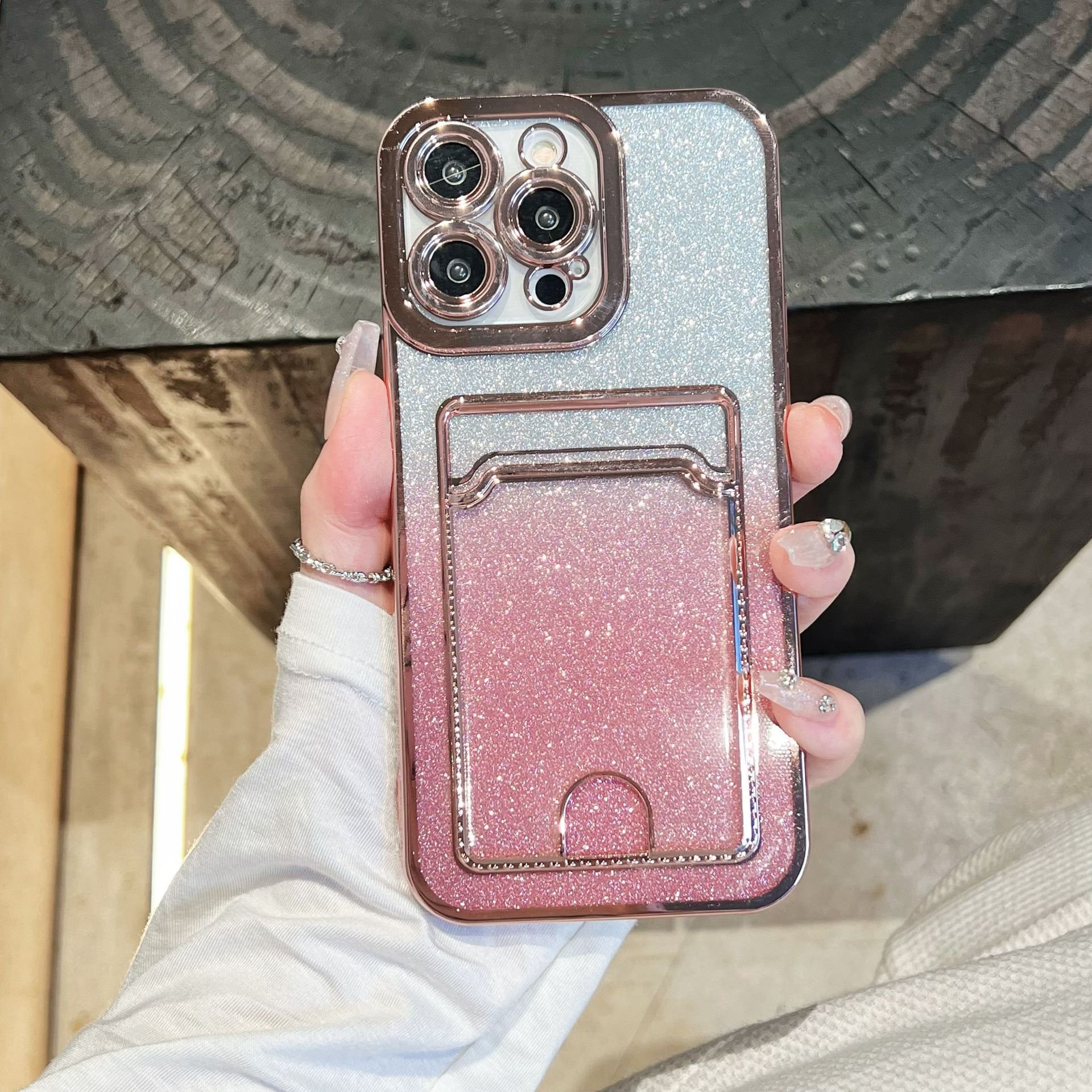 New luxury Diamond plating card holder Phone Case For Iphone 11 14 13 12 15 Pro Max Gradient Glitter Wallet Anti-fall TPU Cover