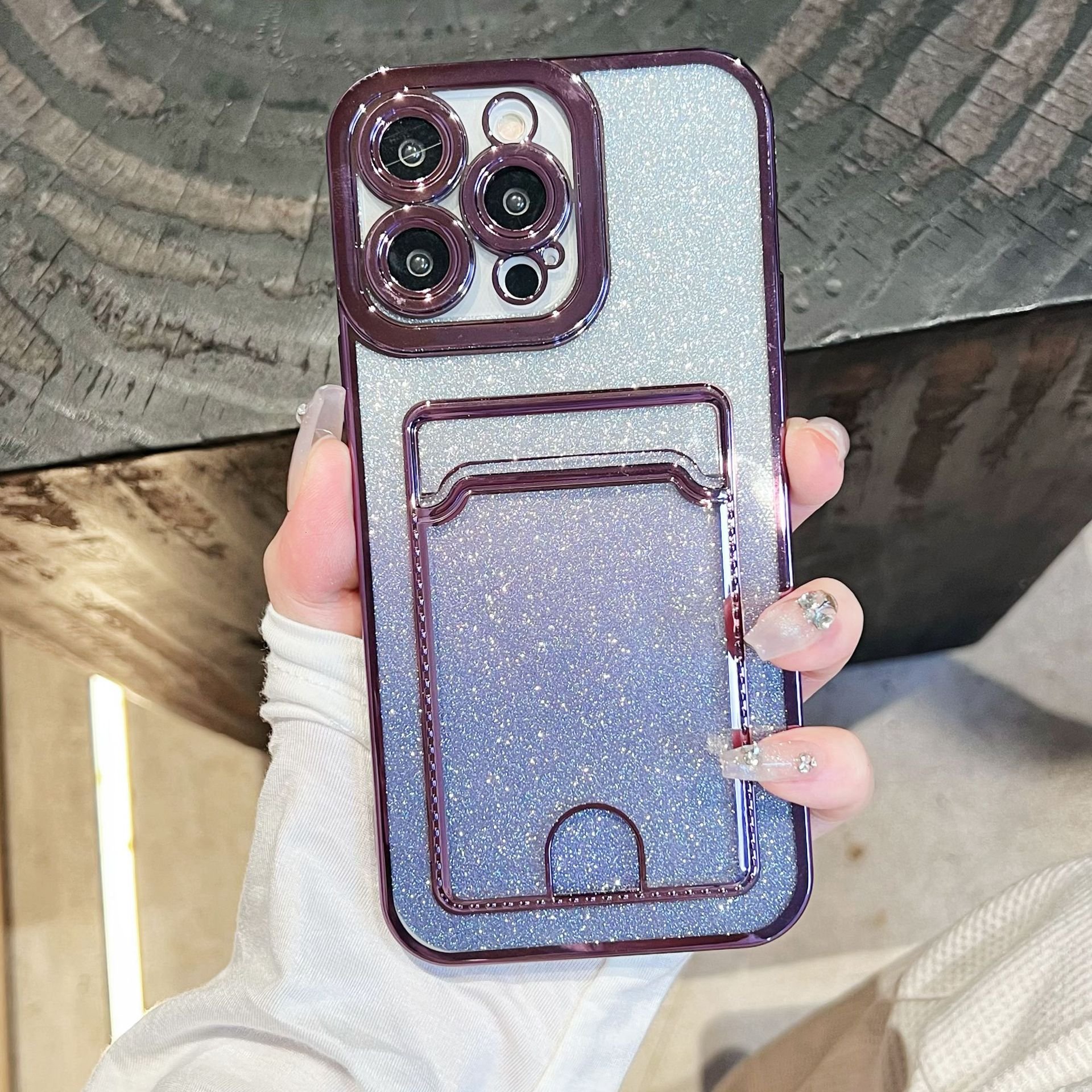 New luxury Diamond plating card holder Phone Case For Iphone 11 14 13 12 15 Pro Max Gradient Glitter Wallet Anti-fall TPU Cover