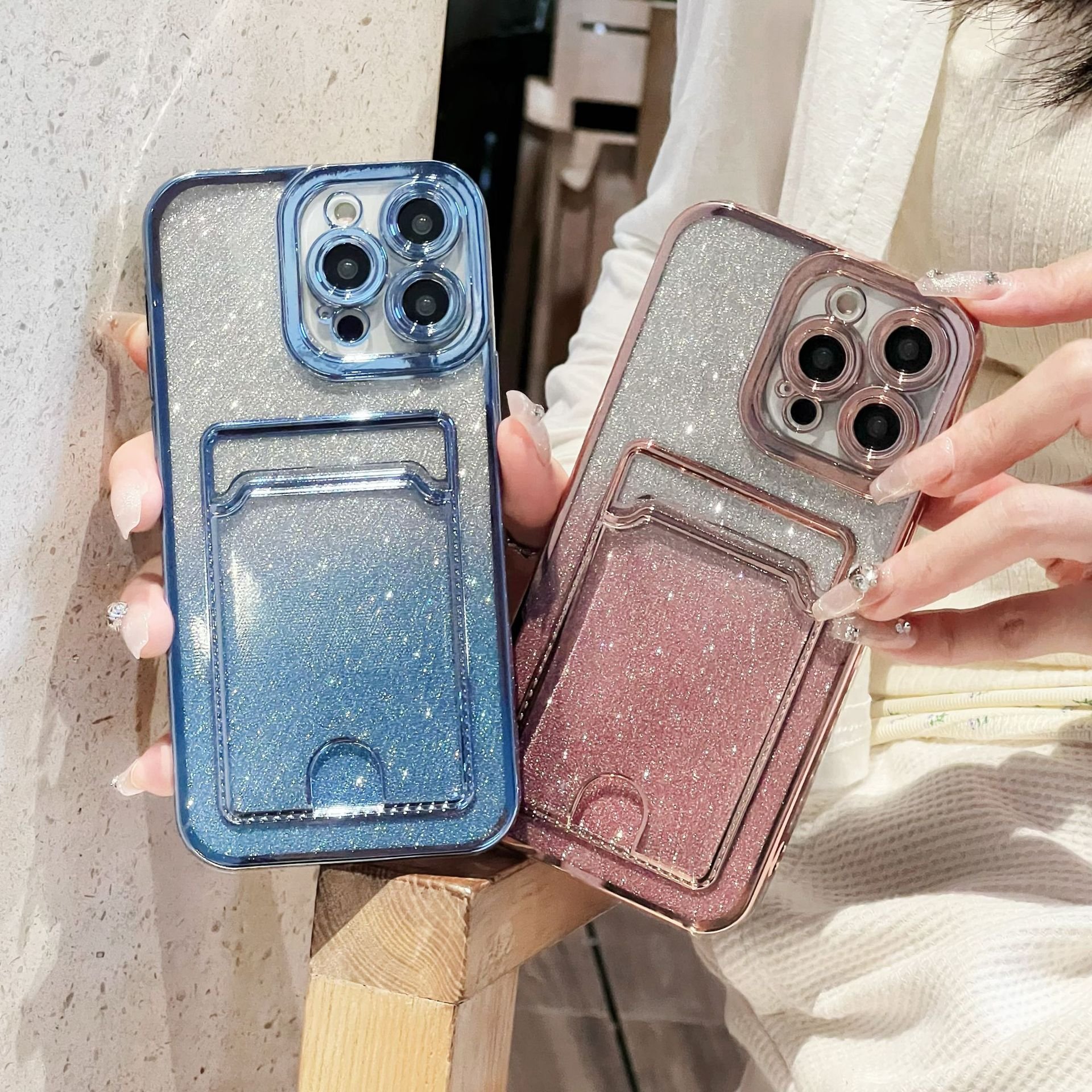 New luxury Diamond plating card holder Phone Case For Iphone 11 14 13 12 15 Pro Max Gradient Glitter Wallet Anti-fall TPU Cover