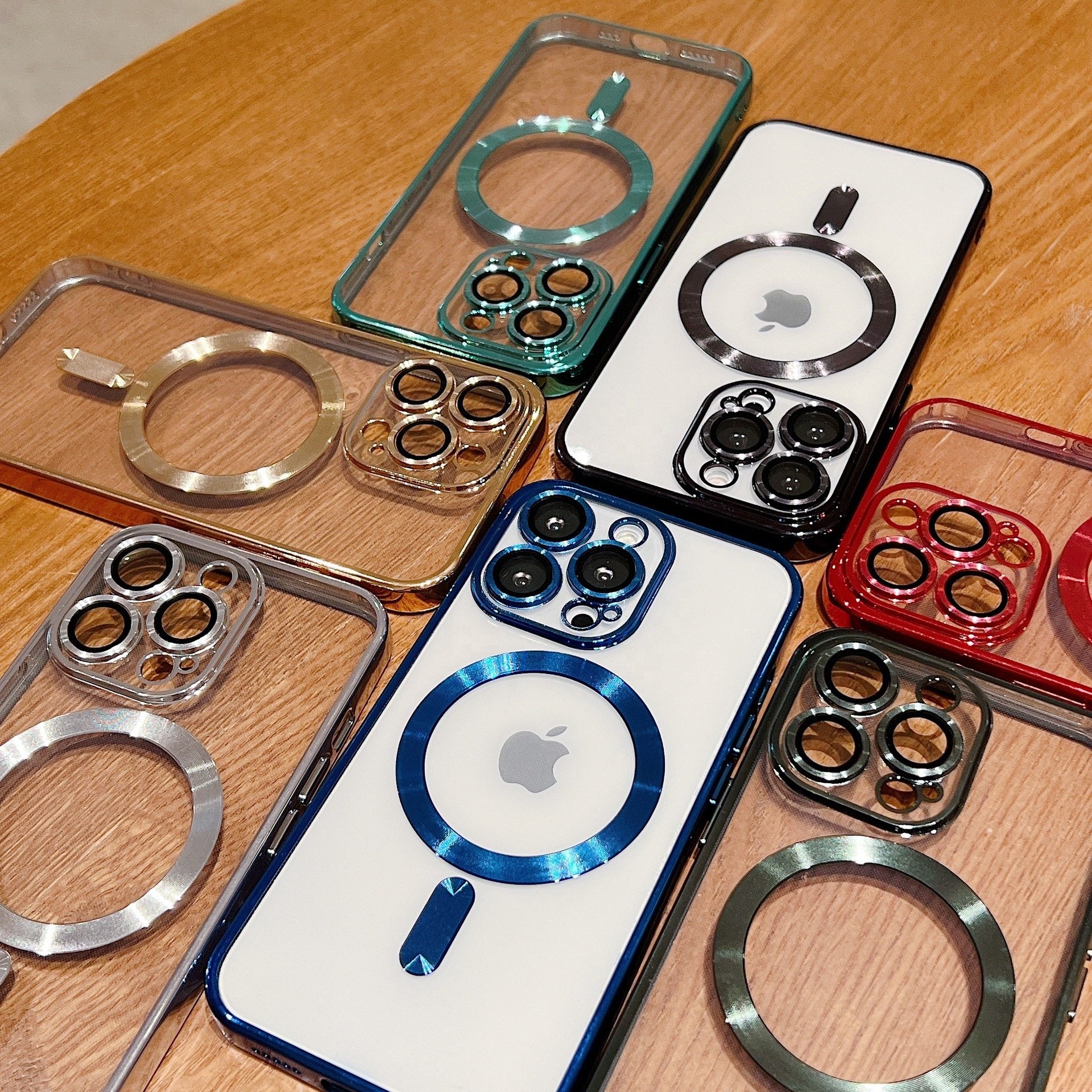 For iPhone 16 15 14 Mobile phone Case Electroplating With Lens Film Magnetic Wireless Charger Transparent Protective Cover