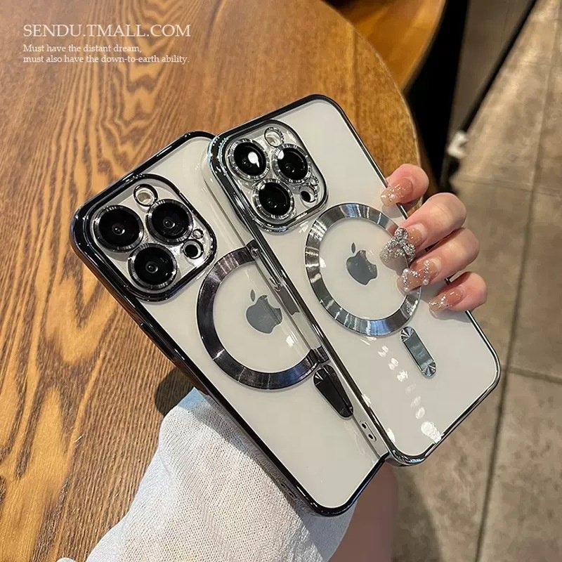 For iPhone 16 15 14 Mobile phone Case Electroplating With Lens Film Magnetic Wireless Charger Transparent Protective Cover
