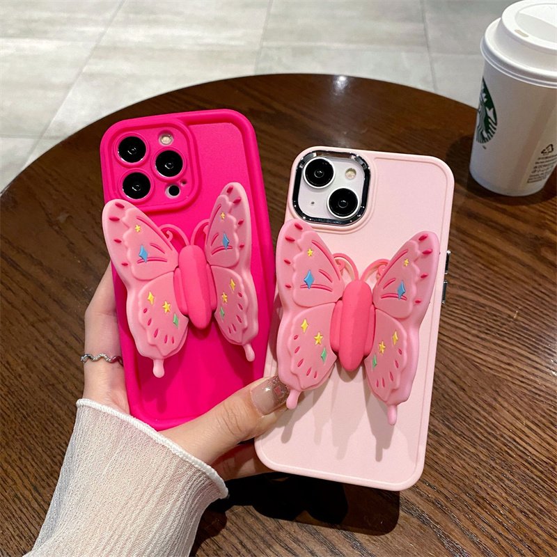 New Luxury Foldable 3D Butterfly Holder Stand Phone Case For iPhone 15 14 Pro Max 13 12 11 Pink Girl Design Shockproof Cover