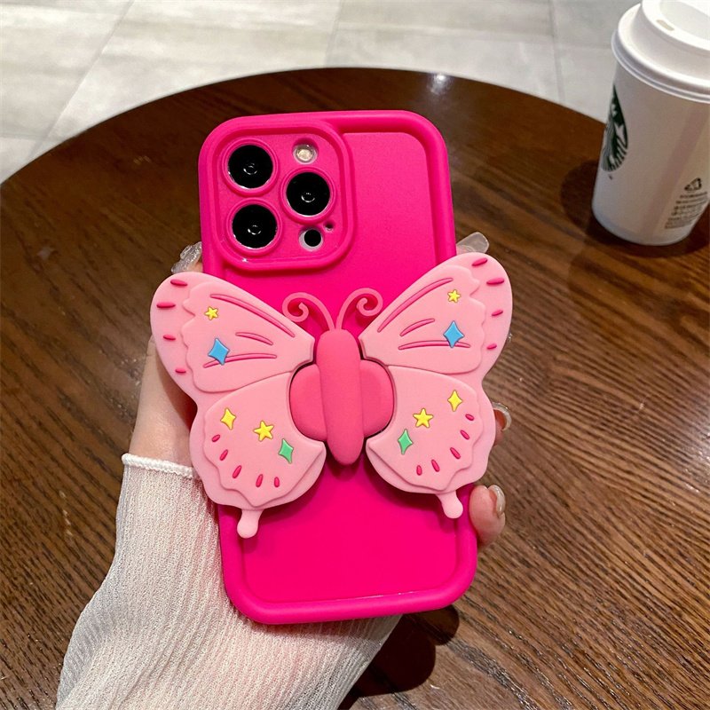 New Luxury Foldable 3D Butterfly Holder Stand Phone Case For iPhone 15 14 Pro Max 13 12 11 Pink Girl Design Shockproof Cover
