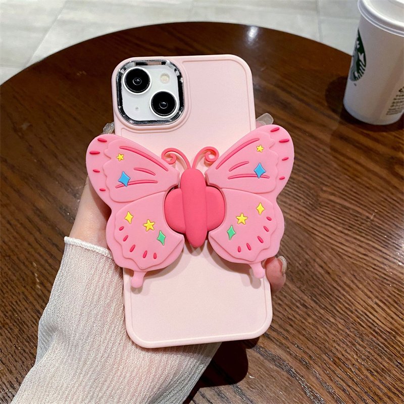 New Luxury Foldable 3D Butterfly Holder Stand Phone Case For iPhone 15 14 Pro Max 13 12 11 Pink Girl Design Shockproof Cover