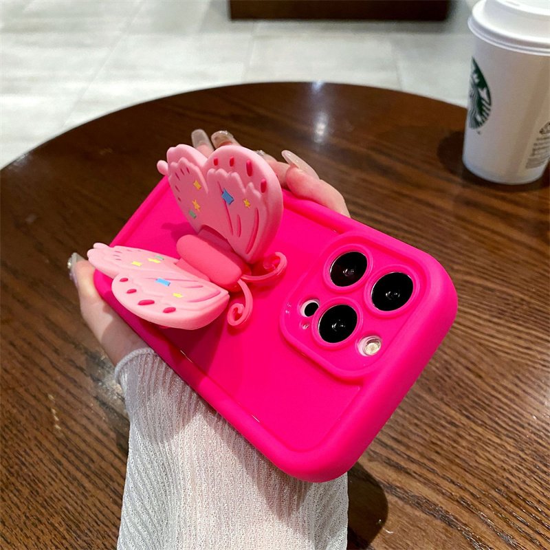 New Luxury Foldable 3D Butterfly Holder Stand Phone Case For iPhone 15 14 Pro Max 13 12 11 Pink Girl Design Shockproof Cover