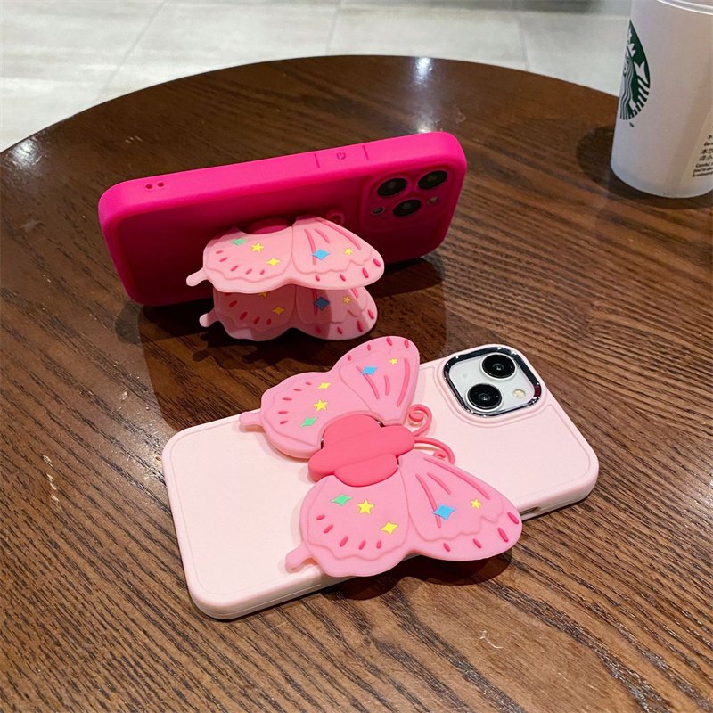 New Luxury Foldable 3D Butterfly Holder Stand Phone Case For iPhone 15 14 Pro Max 13 12 11 Pink Girl Design Shockproof Cover