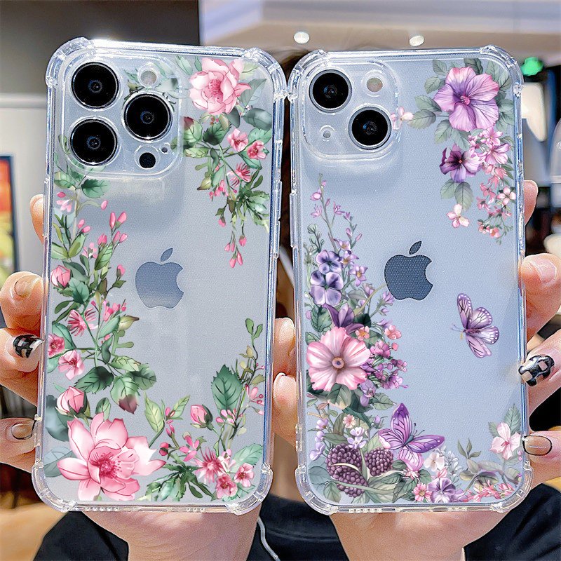 Soft airbag shockproof Pink purple flower Phone Case For iPhone 16 pro