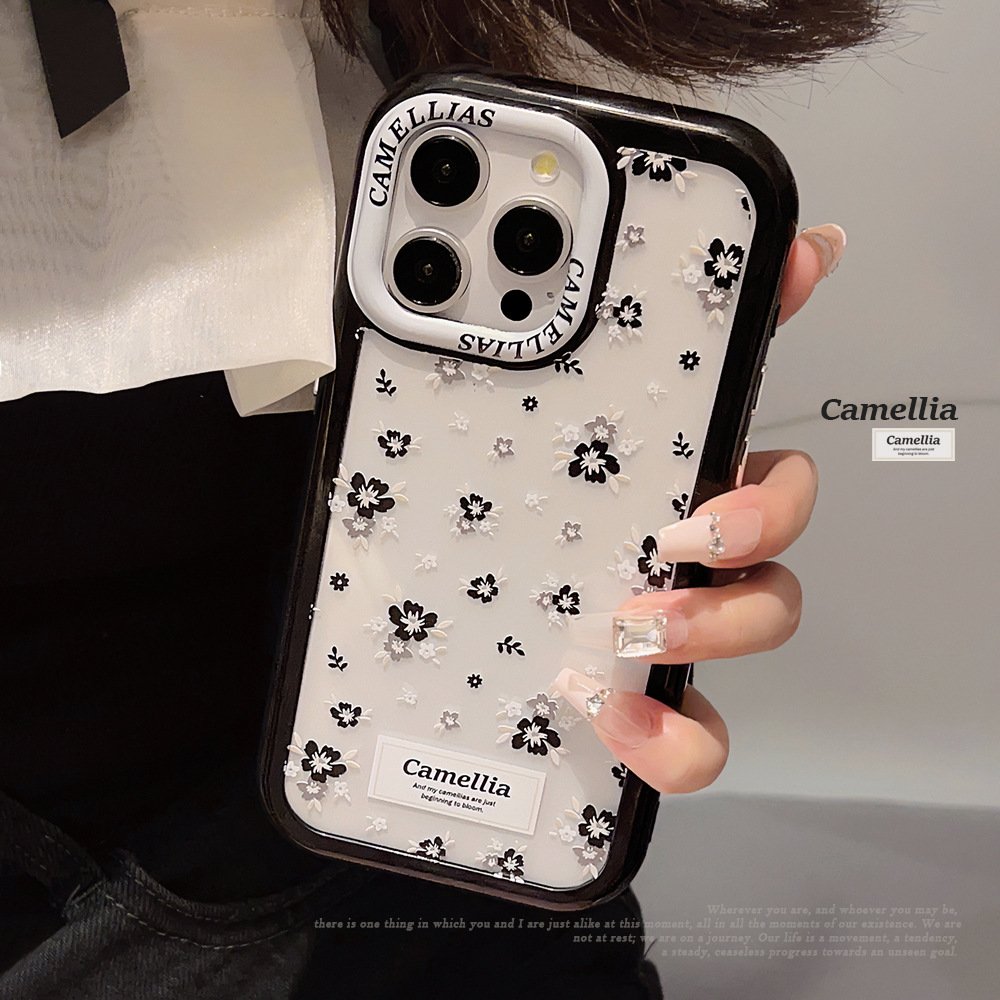 For iPhone 15 14 13 12 11 Pro Max XR XSmax X XS Black Edge Art Oil Painting Camellia Mobile Phone Protective Case