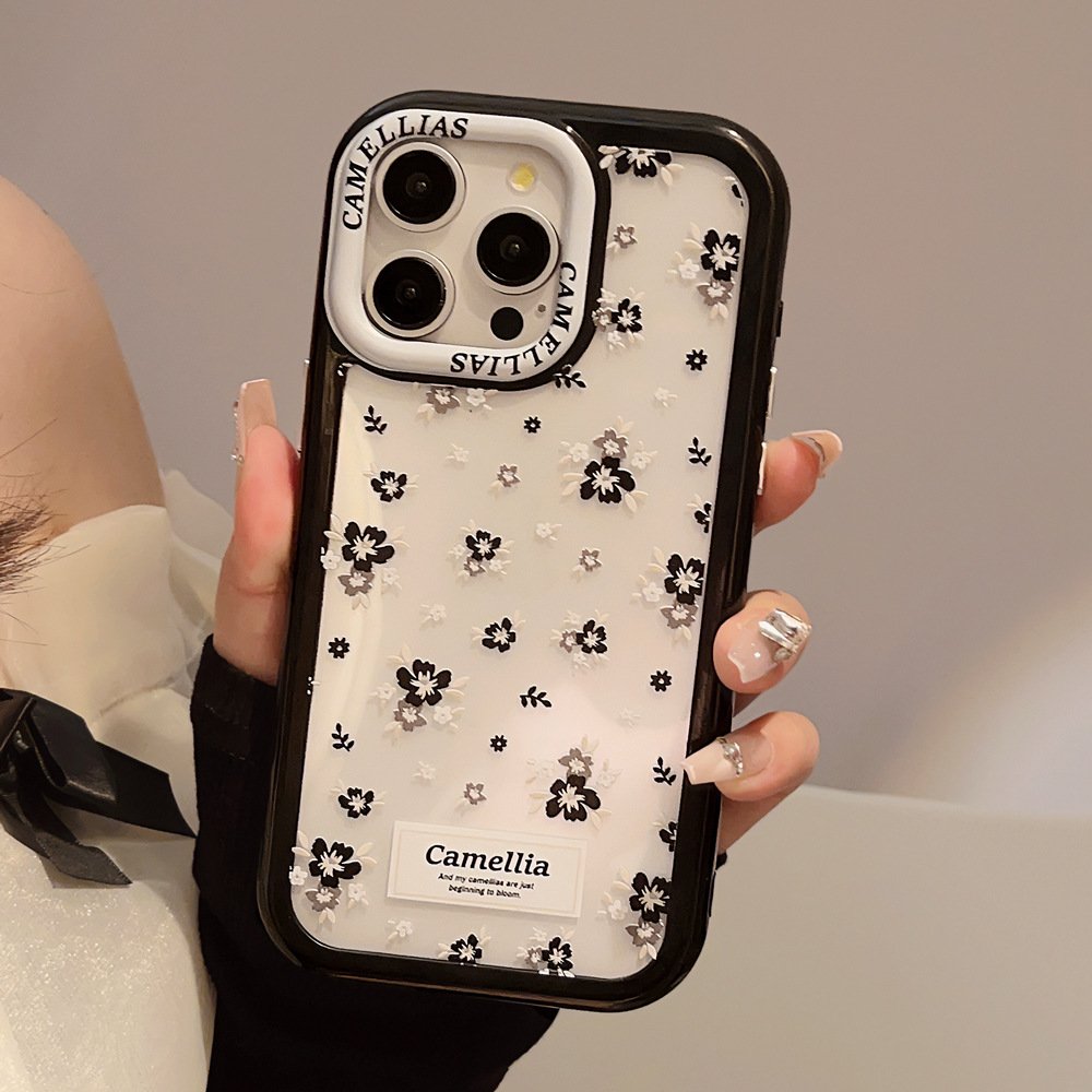 For iPhone 15 14 13 12 11 Pro Max XR XSmax X XS Black Edge Art Oil Painting Camellia Mobile Phone Protective Case