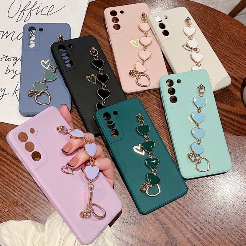 3D Love Heart Wrist Bracelet Phone Case For Samsung S23 S22 Plus Note 20 Ultra S20 FE A52 A72 A12 A42 A32 A51 A71 Silicone Cover