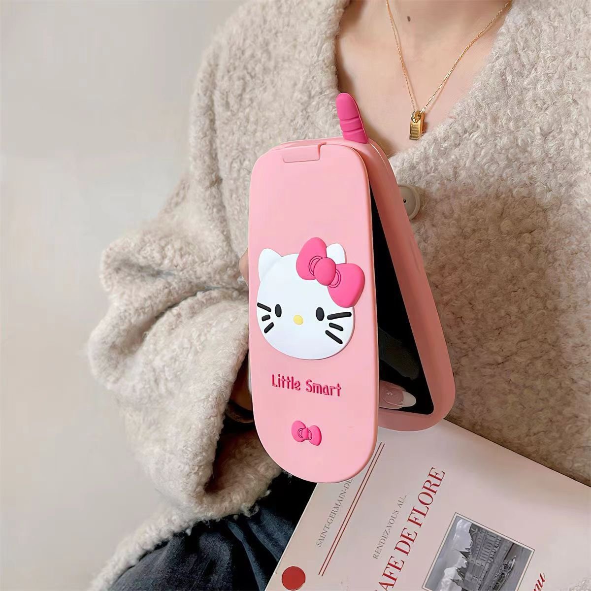 Focuses special design hello cat mobile phone case for iphone 14 15 pro plus max back cover cute pink silicone flip phone case