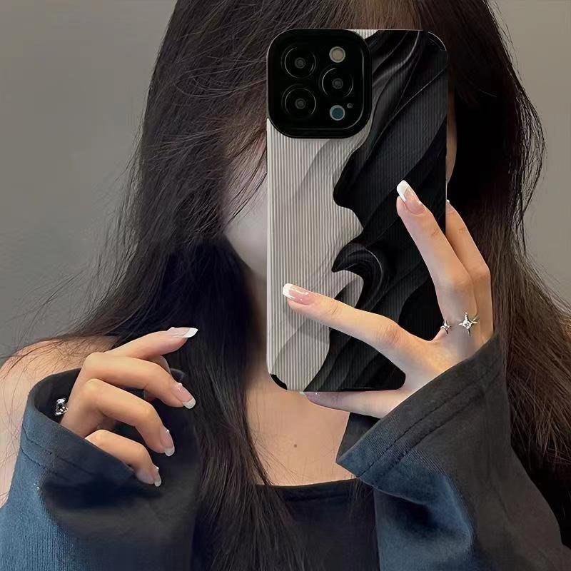 Ins Style Black and White Wave Pattern Full-wrap Phone Case for iPhone 14 Pro Max 11 12 13