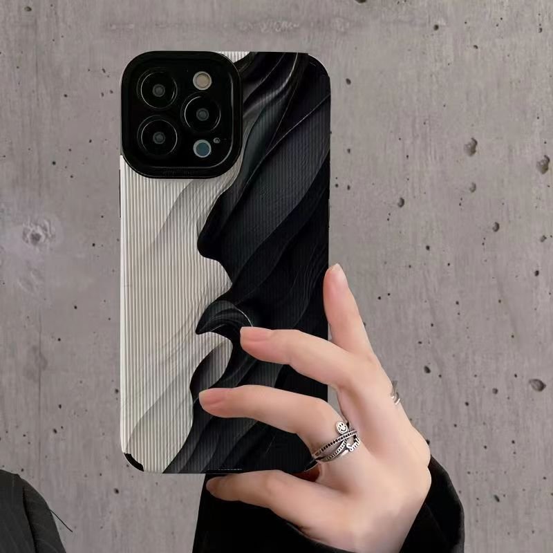 Ins Style Black and White Wave Pattern Full-wrap Phone Case for iPhone 14 Pro Max 11 12 13