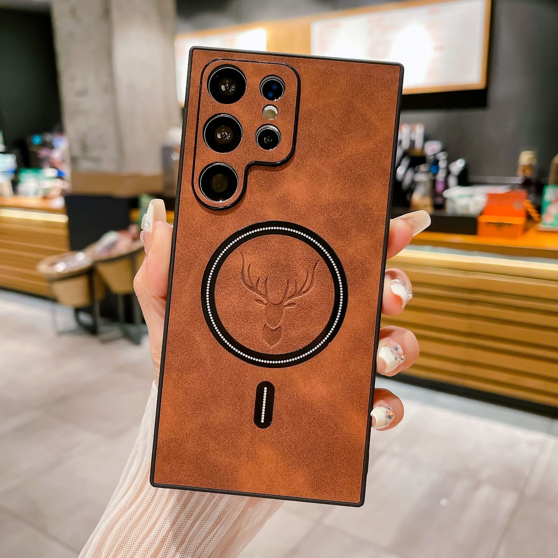 New wireless charge fashion luxury deer leather phone case for samsung s21 s22 23 s24ultra anti-fall ambskin mobile accessories