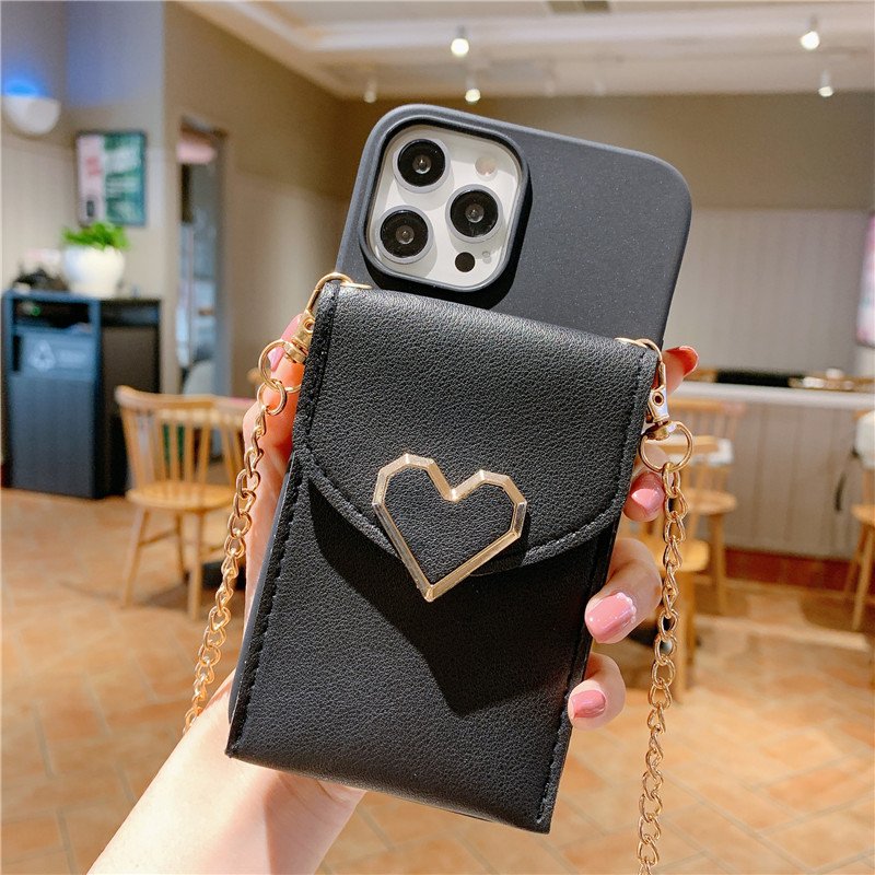 Trendy Love Silicone Phone Case With Chain For iPhone 14 15 16 Pro Max Luxury Case For Women Custom Crossbody Wallet Phone Case