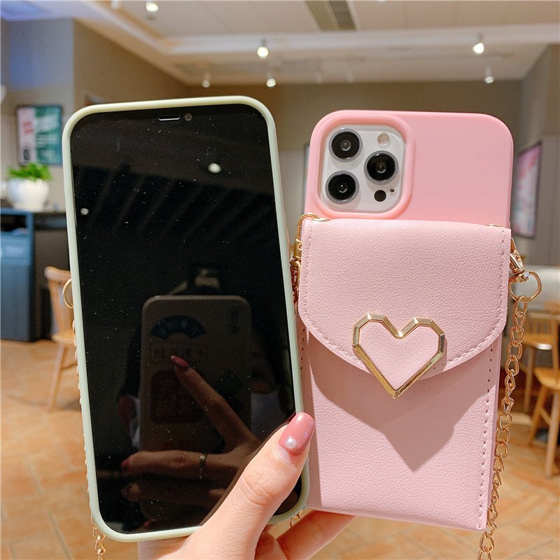 Trendy Love Silicone Phone Case With Chain For iPhone 14 15 16 Pro Max Luxury Case For Women Custom Crossbody Wallet Phone Case