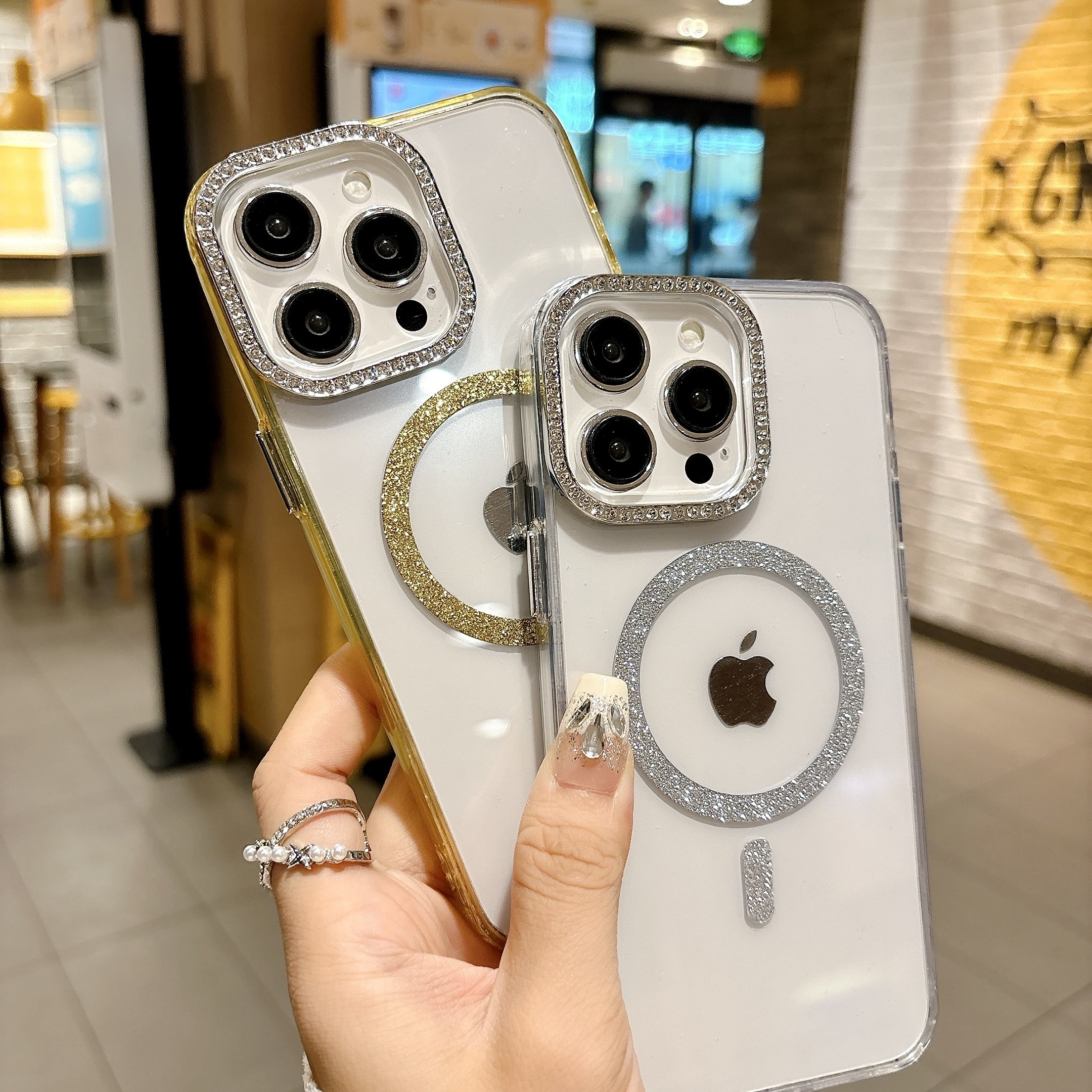 Diamond magnetic bracket phone case for iphone 16 15 wireless charge glitter mobile phone case for iphone 13 14 15 16 pro