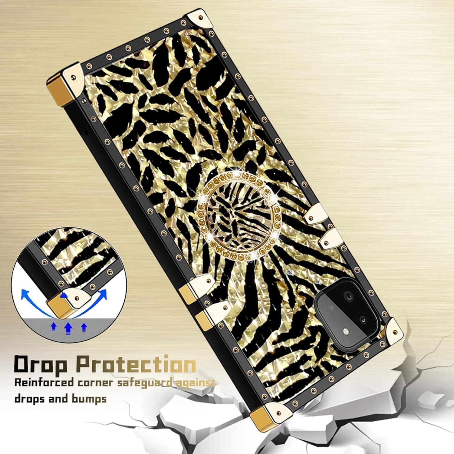 Quadrate Rivet Metal Corner Mobile Phone Cases For Tecno Spark Go 2024 Bling Diamond Ring Holder Back Cover