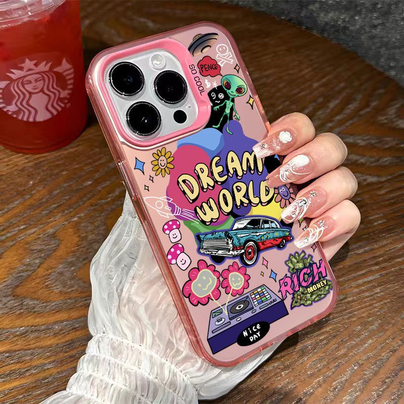 Trending Design Graffiti aliens Phone case For iPhone 15 Pro Max 14 13 12 11 XS XR Colour Silver Hard Back Shockproof Cover