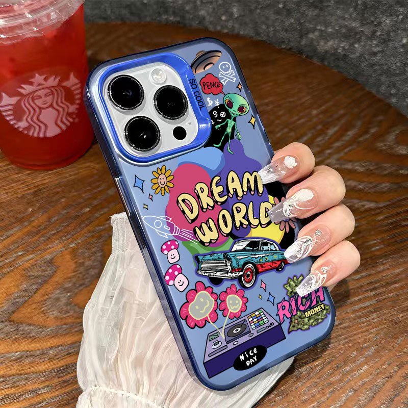 Trending Design Graffiti aliens Phone case For iPhone 15 Pro Max 14 13 12 11 XS XR Colour Silver Hard Back Shockproof Cover