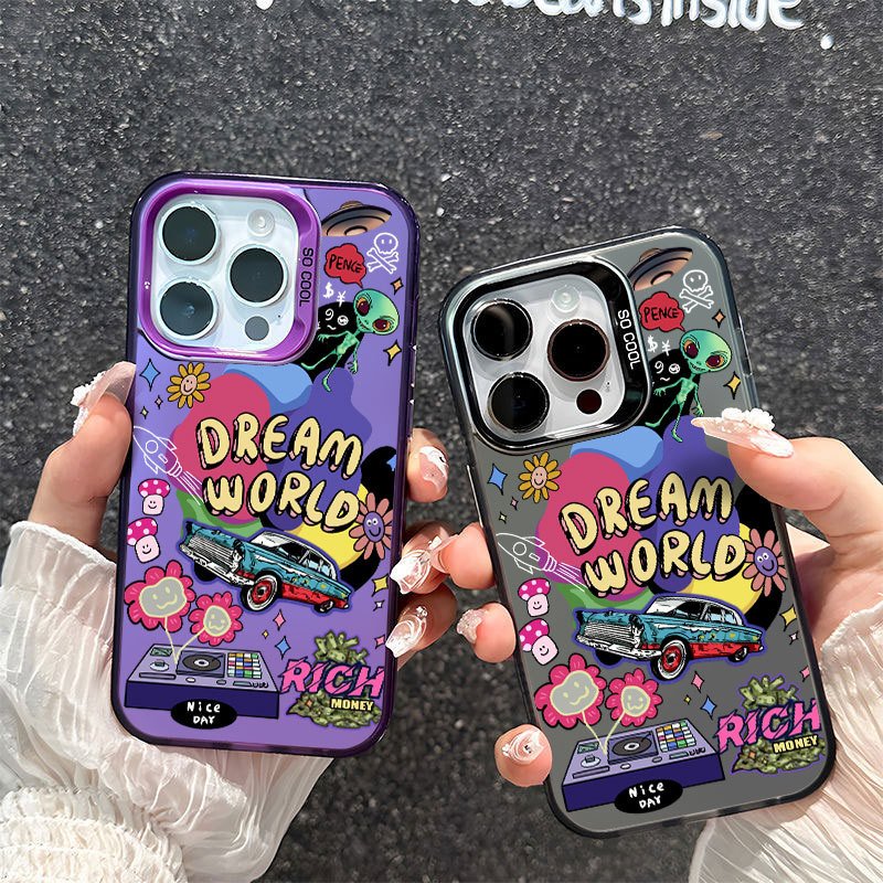 Trending Design Graffiti aliens Phone case For iPhone 15 Pro Max 14 13 12 11 XS XR Colour Silver Hard Back Shockproof Cover