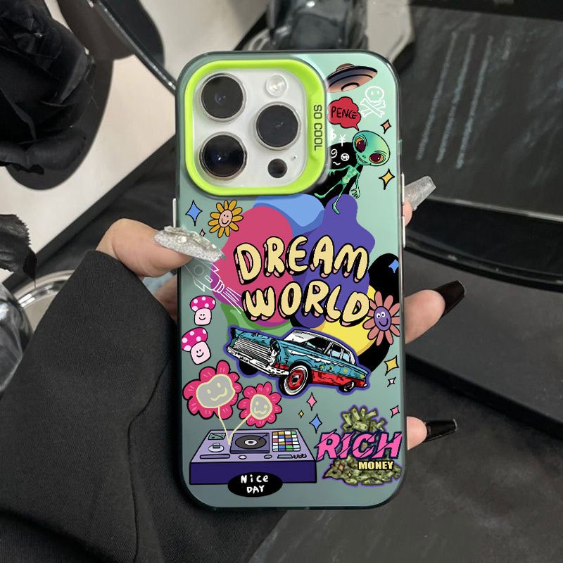 Trending Design Graffiti aliens Phone case For iPhone 15 Pro Max 14 13 12 11 XS XR Colour Silver Hard Back Shockproof Cover