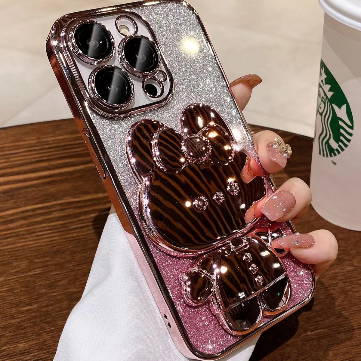 Gradient electroplated lens film suitable for Phone 15 pro max 14 phone case rabbit makeup mirror bracket allinclusive soft case