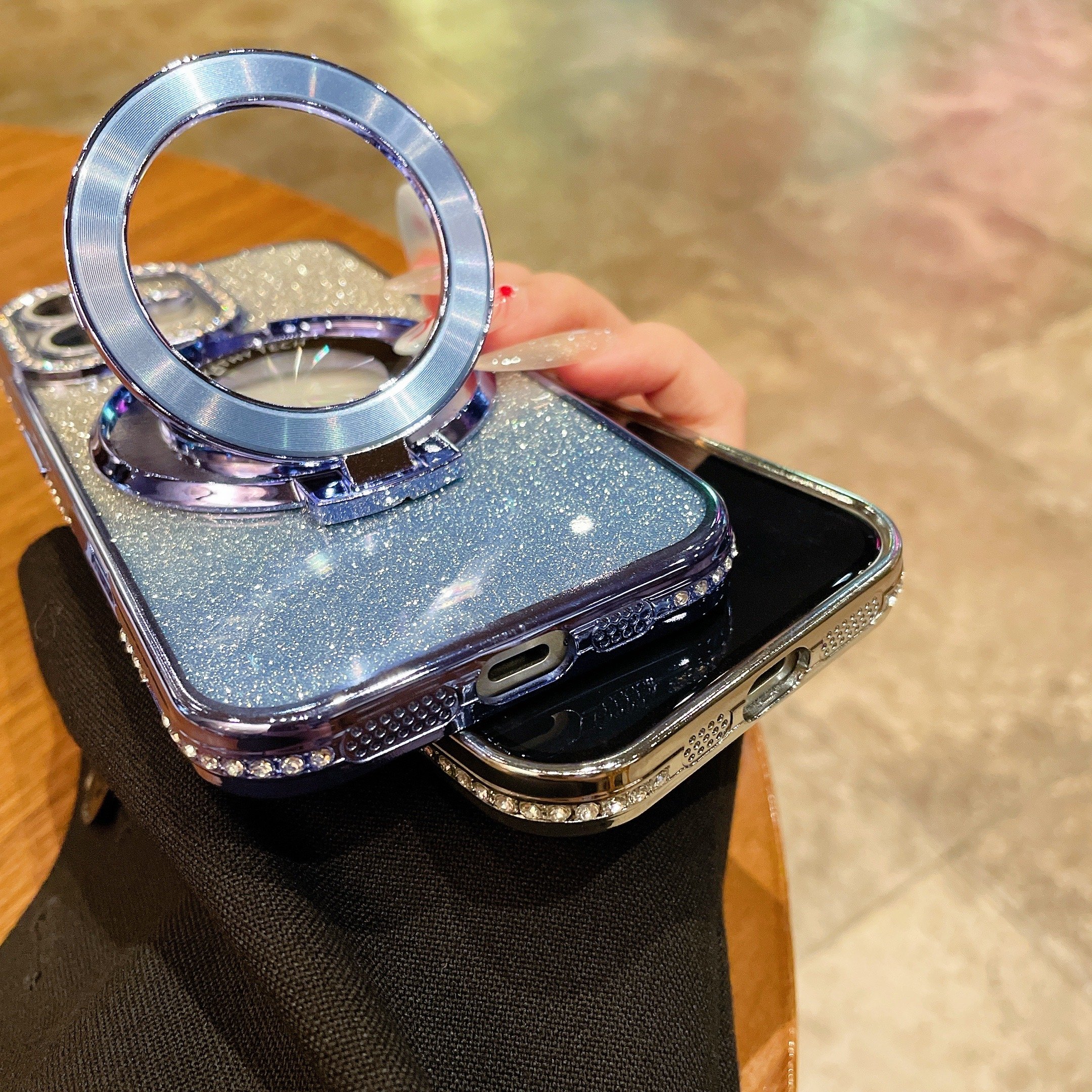 New Luxury Design Glitter Diamond edge Phone case For iPhone 16 15 Pro Max 14 13 12 11 with Holder circle Stand Mirror Cover