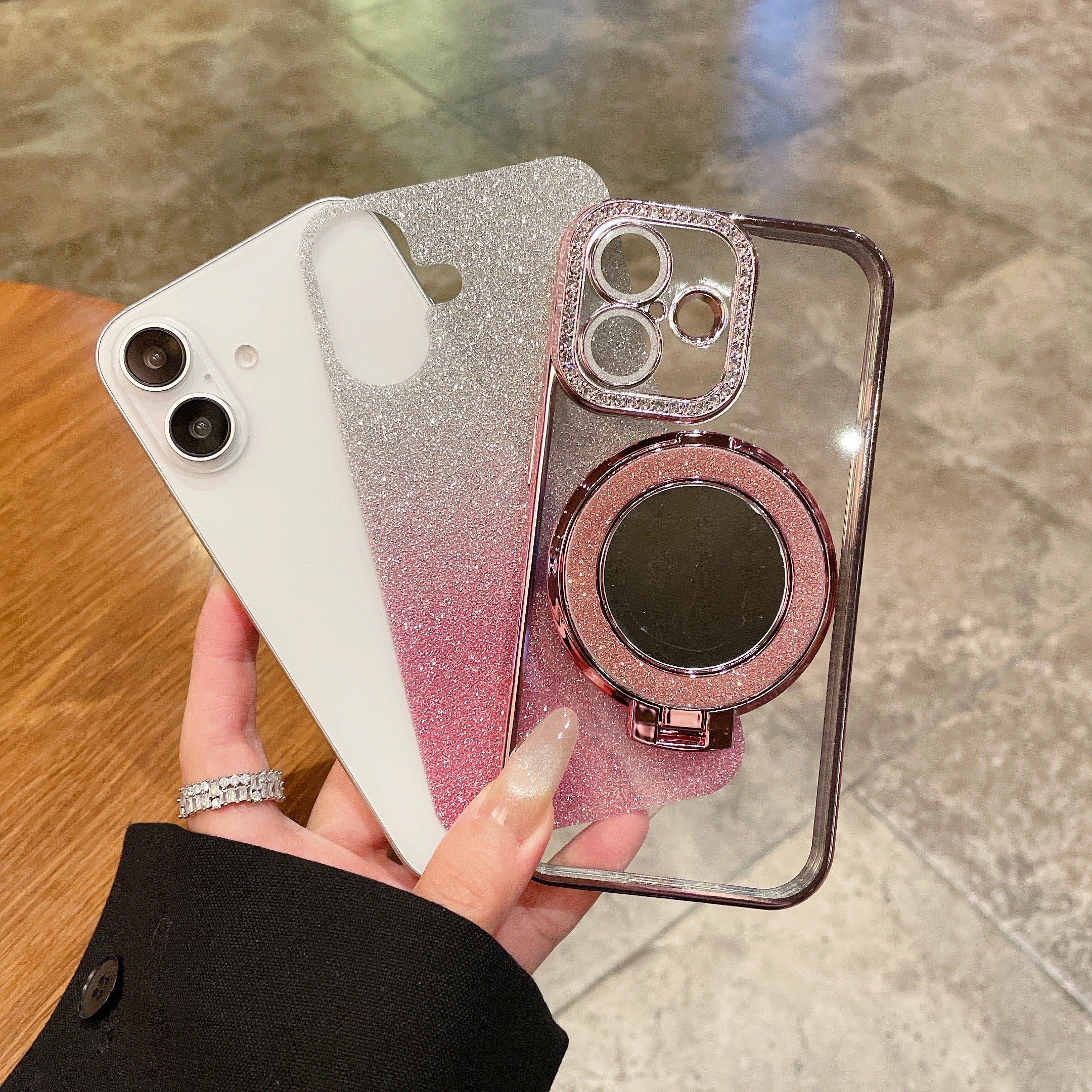 New Luxury Design Glitter Diamond edge Phone case For iPhone 16 15 Pro Max 14 13 12 11 with Holder circle Stand Mirror Cover