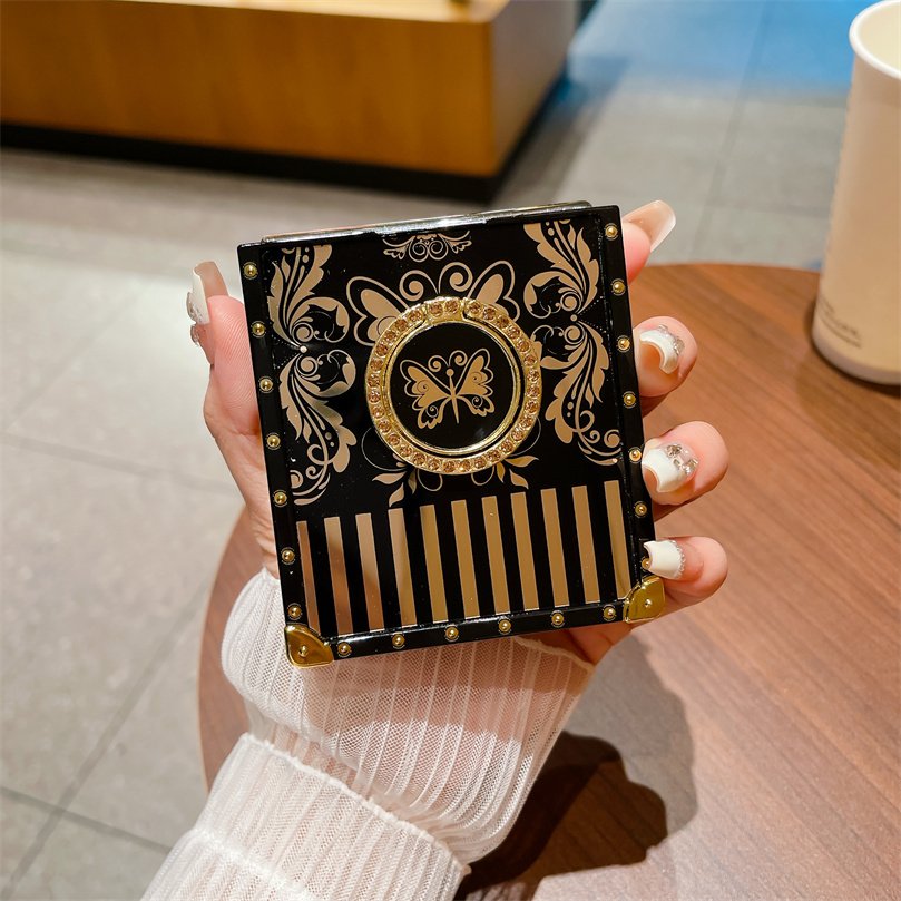 High Quality Retro Square Phone Case With Ring Stand butterfly Printing Fashion Cellphone Back Cover For Samsung Z Flip 3 4 5 6