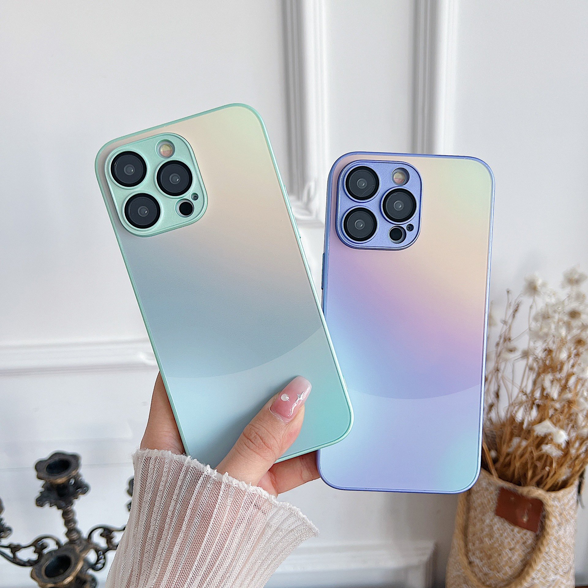 Fashion Colorful Gradient Glass Frosted Phone Case with Camera Lens Film Case For iPhone 15 14 13 Pro Max 15 Plus