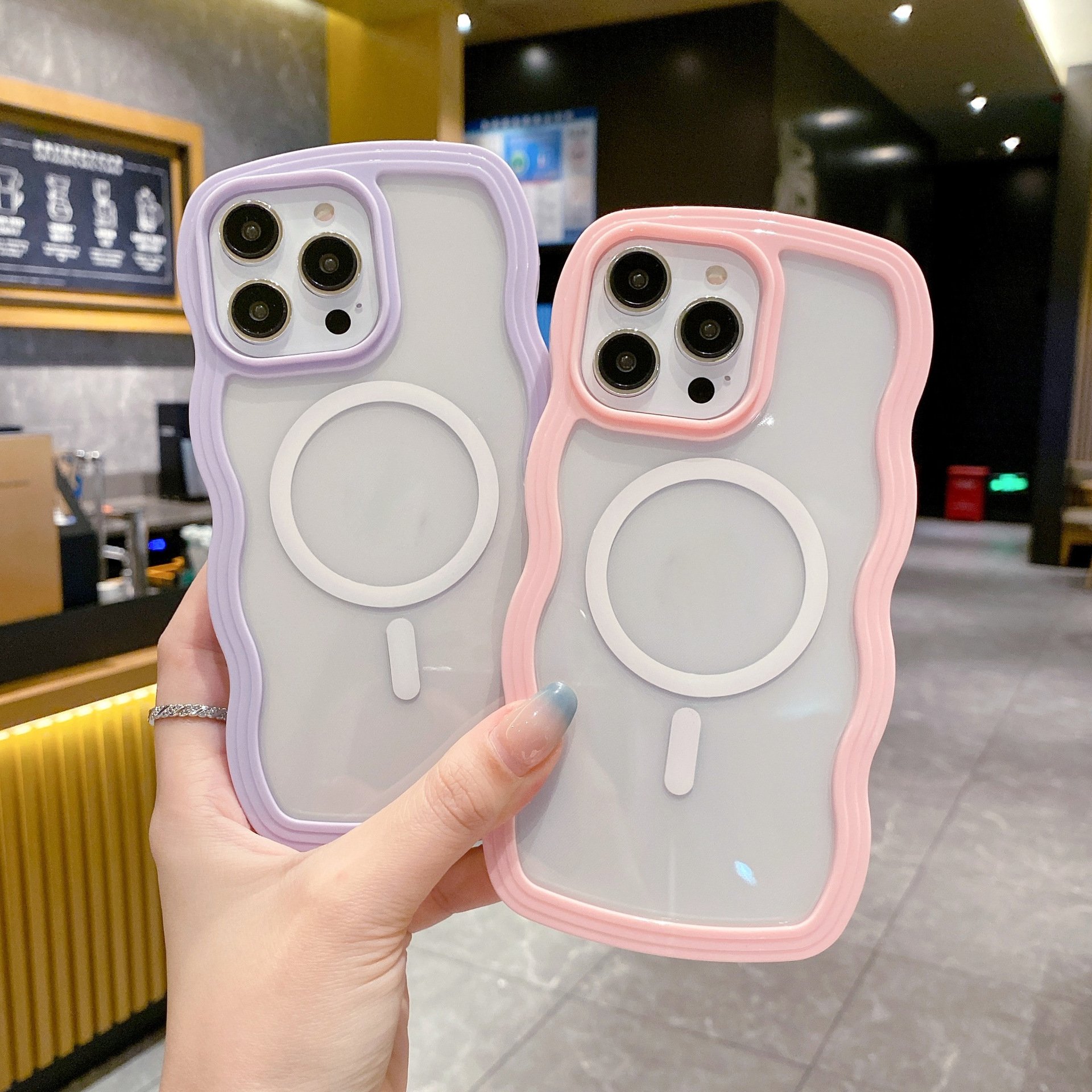 Ins style wave transparent magnetic suction phone cases for iphone 11 12 13 14 15 16 promax airbag anti-fall phone accessories