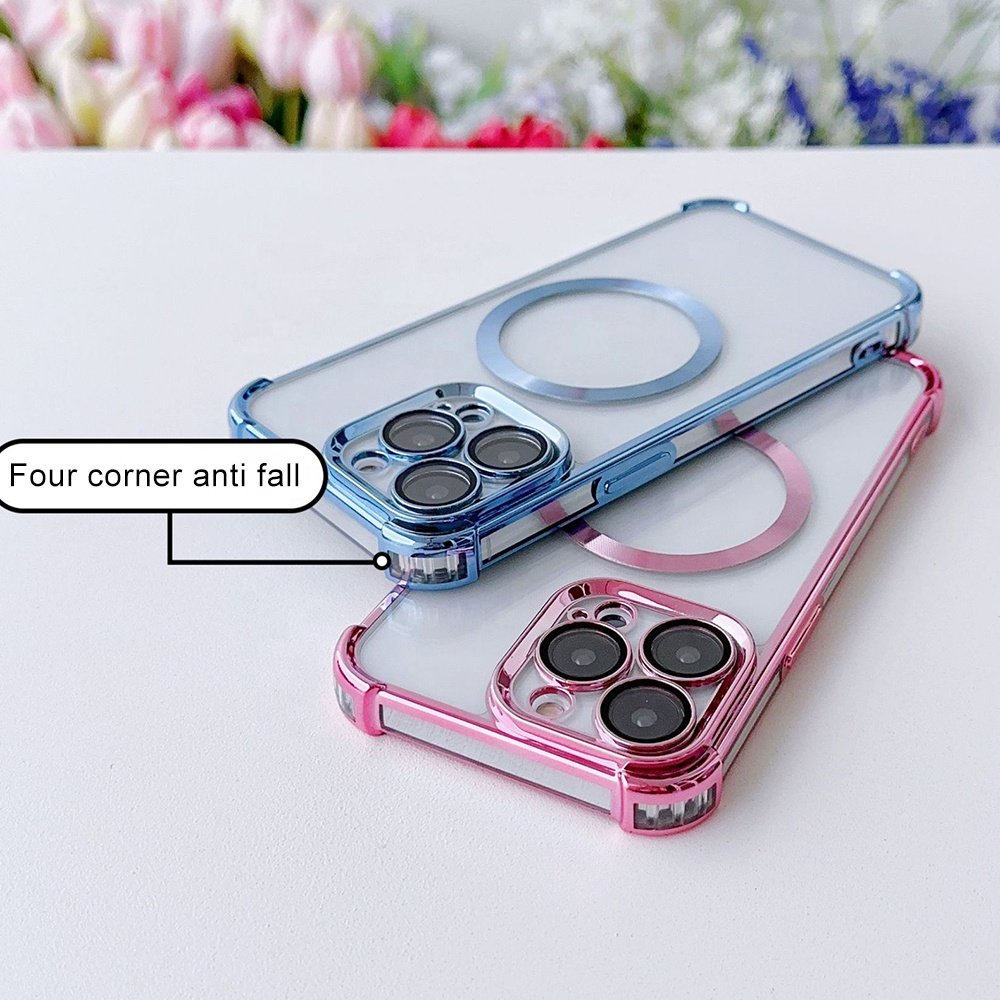 Electroplated Magnetic Wireless Charging Mobile Phone Case for Phone 15 14 Pro Max with Clear Lens Glass