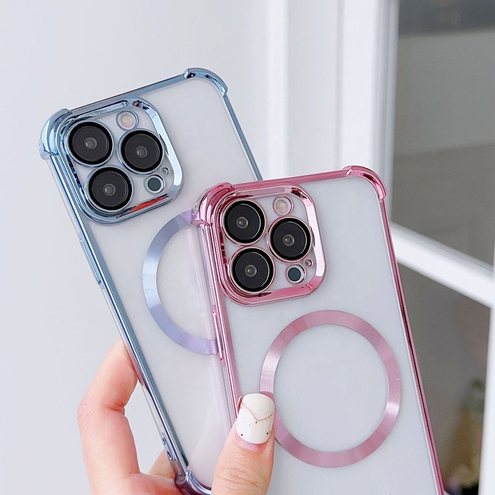 Electroplated Magnetic Wireless Charging Mobile Phone Case for Phone 15 14 Pro Max with Clear Lens Glass
