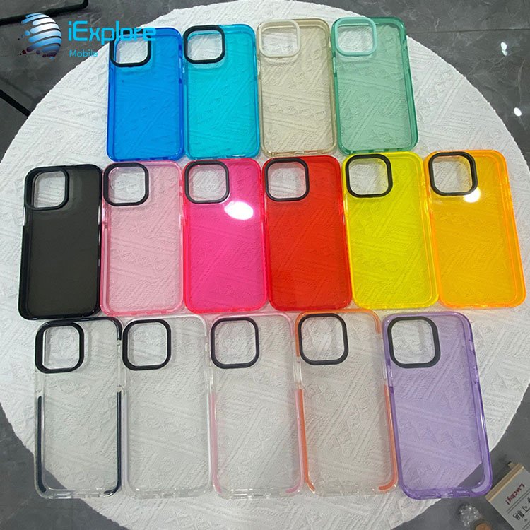 iExplore double color 1.5mm TPU + TPE transparent shockproof phone case with black camera ring for iPhone 16 Pro Max Samsung S24