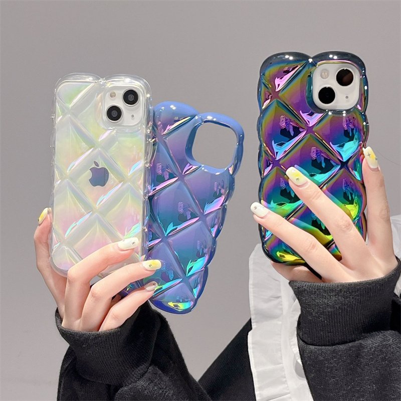 Luxury Color Electroplating 3D Laser Aurora Gradient Rhombic Lattice TPU Mobile Phone Case For iPhone 16 15 14 13 12 11 Pro Max