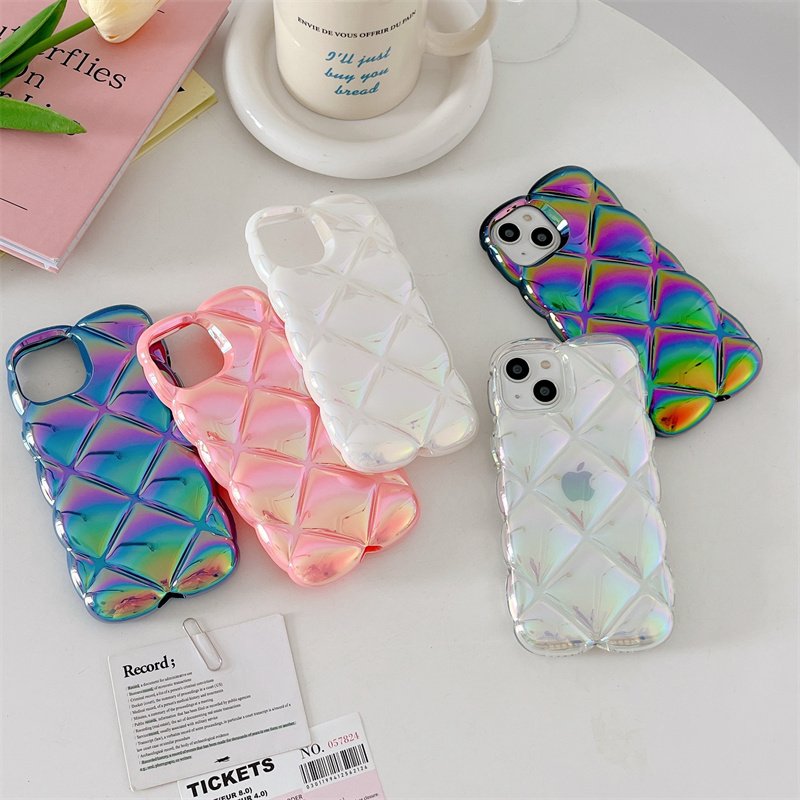 Luxury Color Electroplating 3D Laser Aurora Gradient Rhombic Lattice TPU Mobile Phone Case For iPhone 16 15 14 13 12 11 Pro Max