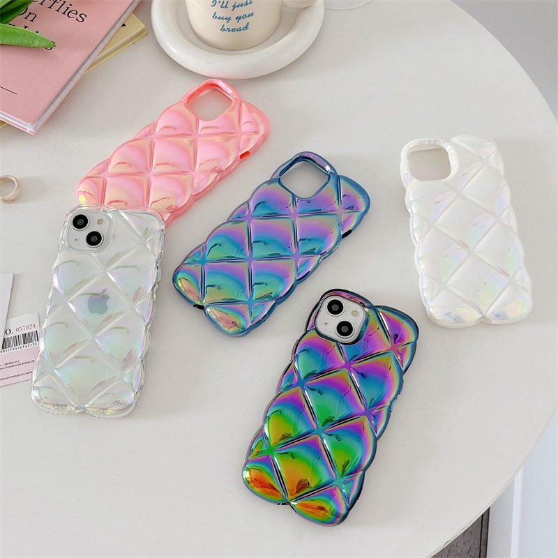 Luxury Color Electroplating 3D Laser Aurora Gradient Rhombic Lattice TPU Mobile Phone Case For iPhone 16 15 14 13 12 11 Pro Max