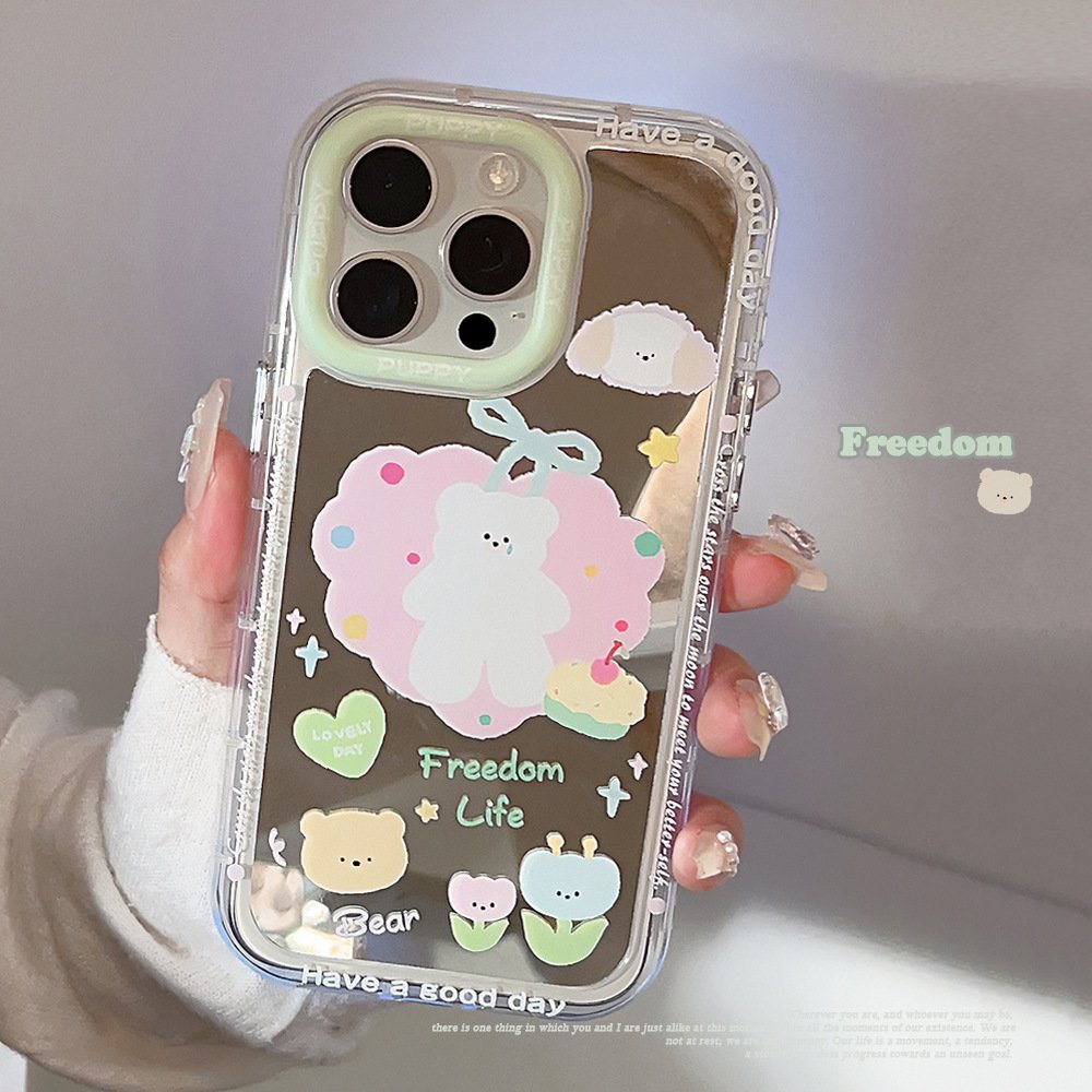 For iPhone 15 14 13 12 11 Pro Max XR XS X PC Mirror Finish Cute Cartoon Flower Crying Bear Mobile Phone Case