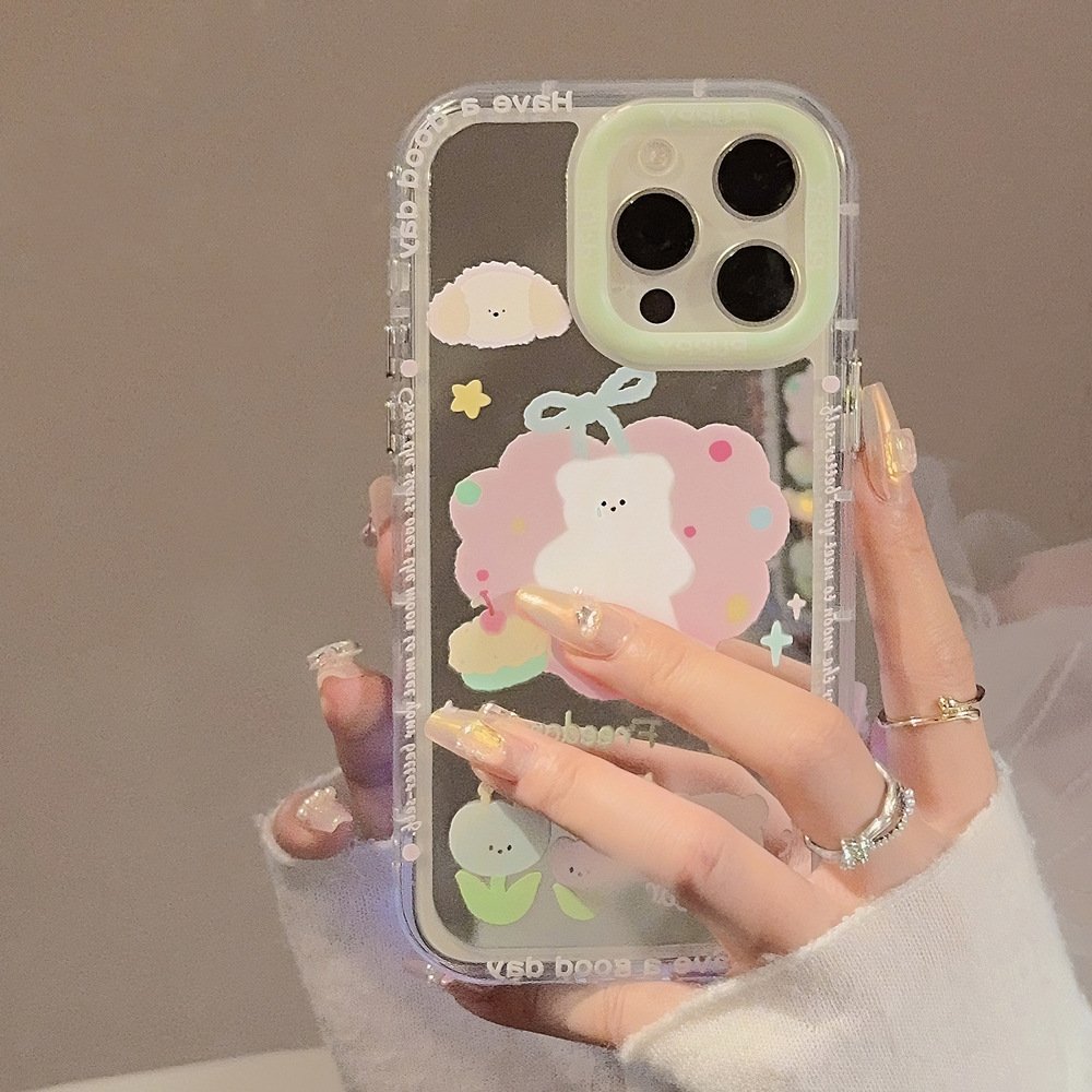 For iPhone 15 14 13 12 11 Pro Max XR XS X PC Mirror Finish Cute Cartoon Flower Crying Bear Mobile Phone Case