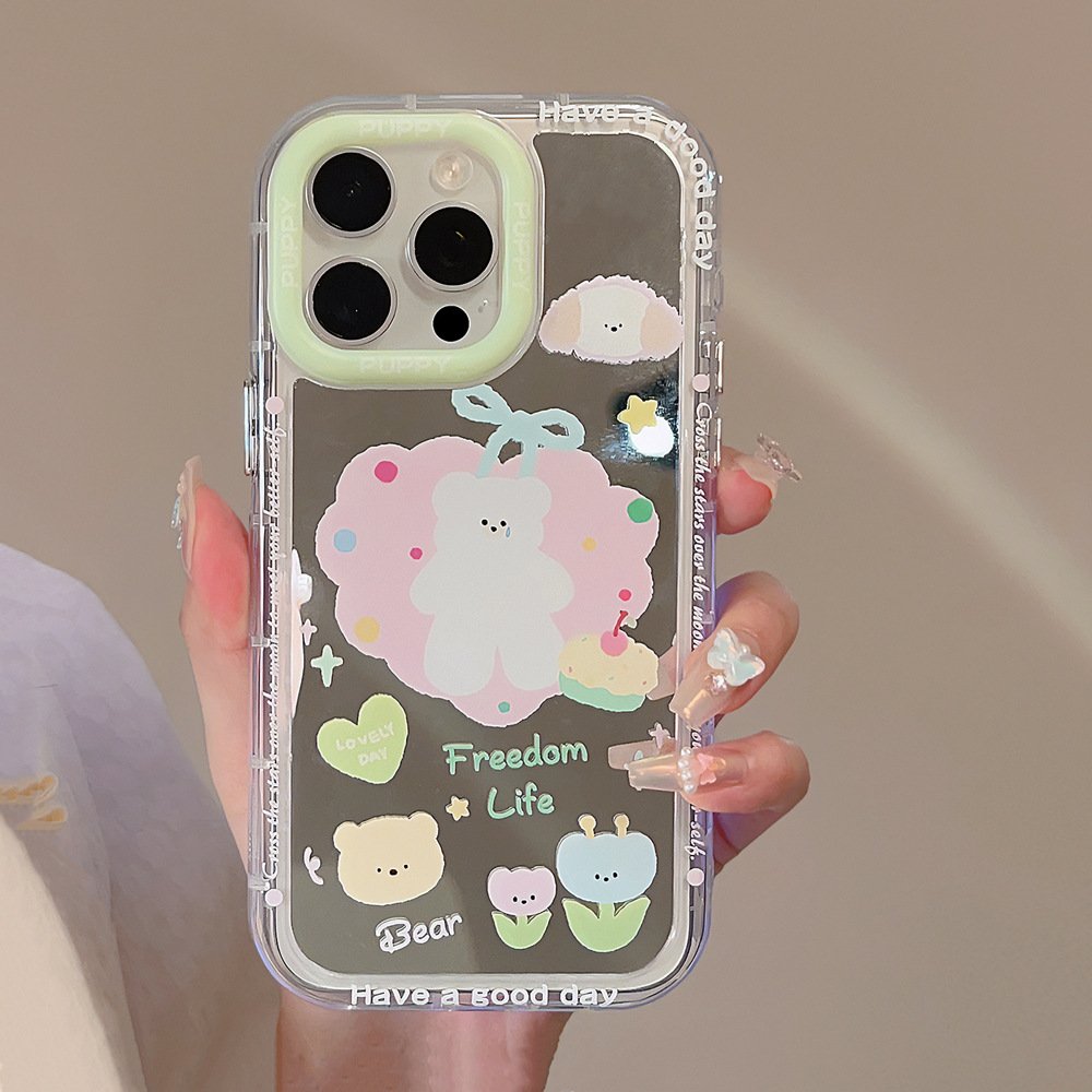 For iPhone 15 14 13 12 11 Pro Max XR XS X PC Mirror Finish Cute Cartoon Flower Crying Bear Mobile Phone Case
