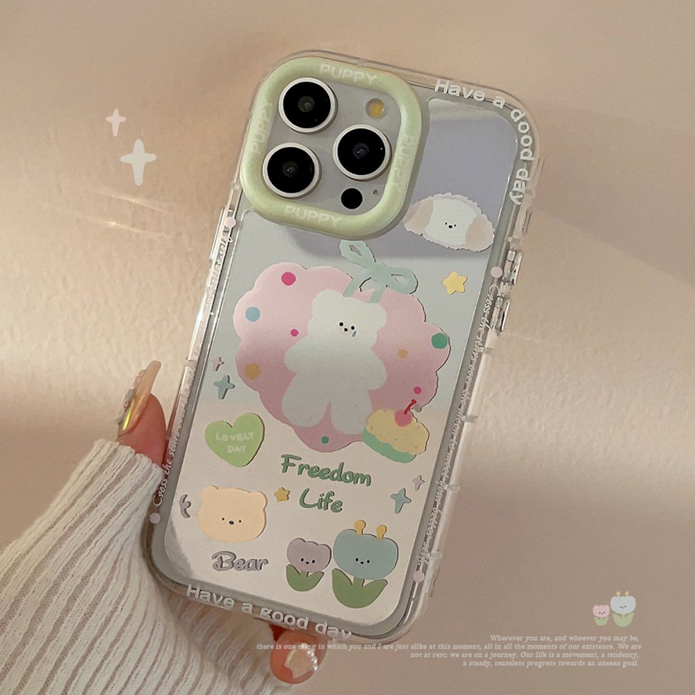 For iPhone 15 14 13 12 11 Pro Max XR XS X PC Mirror Finish Cute Cartoon Flower Crying Bear Mobile Phone Case