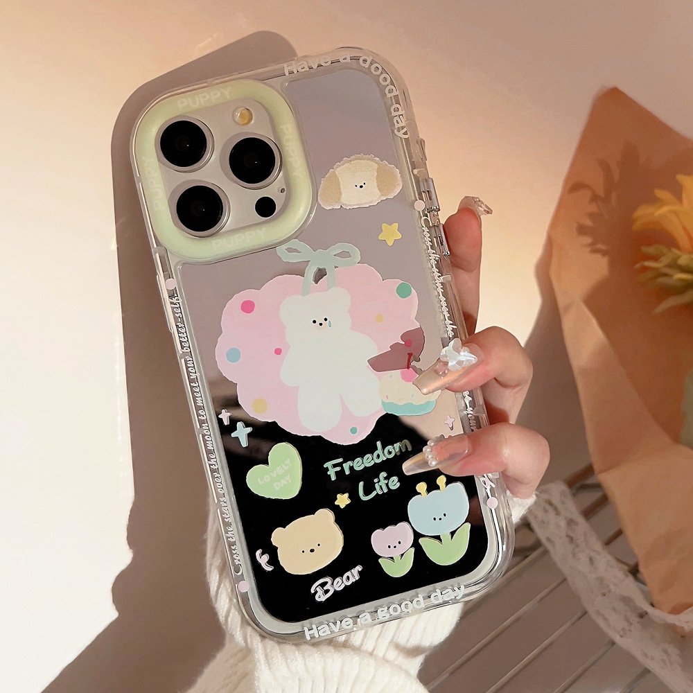 For iPhone 15 14 13 12 11 Pro Max XR XS X PC Mirror Finish Cute Cartoon Flower Crying Bear Mobile Phone Case