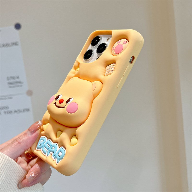 New 3D Silicone Cute Cartoon Bear Mobile Phone Case With Stand Holder Cover For iPhone 15 Pro Max 14 13 12 plus Custom Design