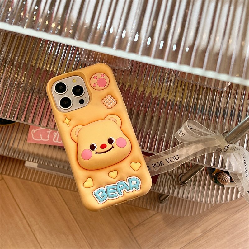 New 3D Silicone Cute Cartoon Bear Mobile Phone Case With Stand Holder Cover For iPhone 15 Pro Max 14 13 12 plus Custom Design