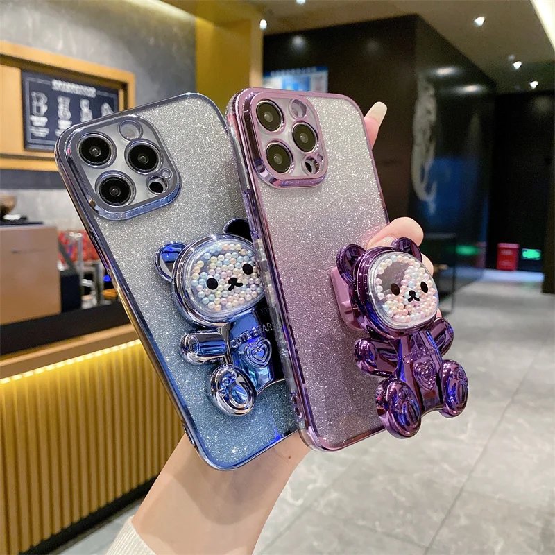 Sparkling Case Cover For iPhone 15 14 Plus 12 13 11 Pro Max Electroplated Glitter Cute Iittle Bear Stand Shockproof Back Cover