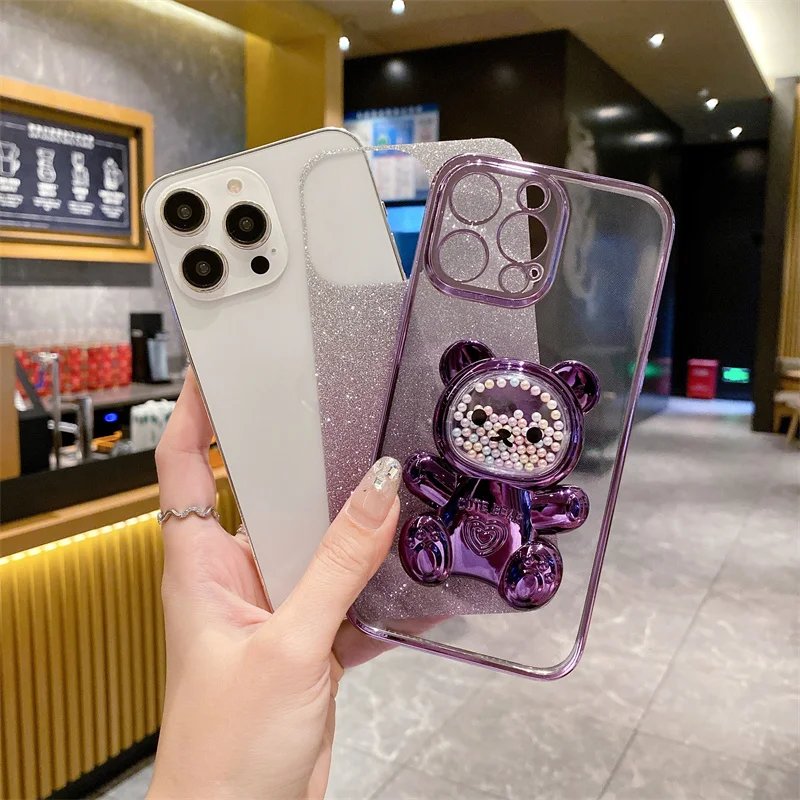 Sparkling Case Cover For iPhone 15 14 Plus 12 13 11 Pro Max Electroplated Glitter Cute Iittle Bear Stand Shockproof Back Cover